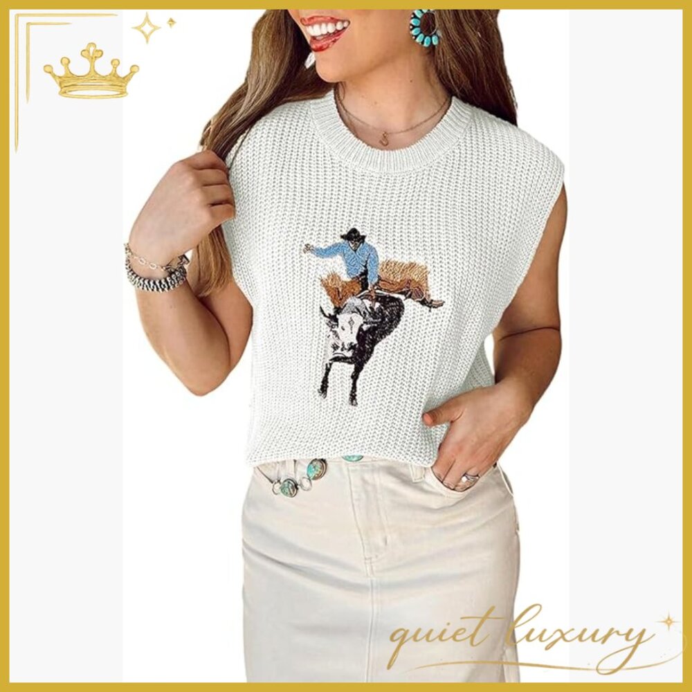 Western Sleeveless Sweater Vest Crewneck Loose Fit Knit Top